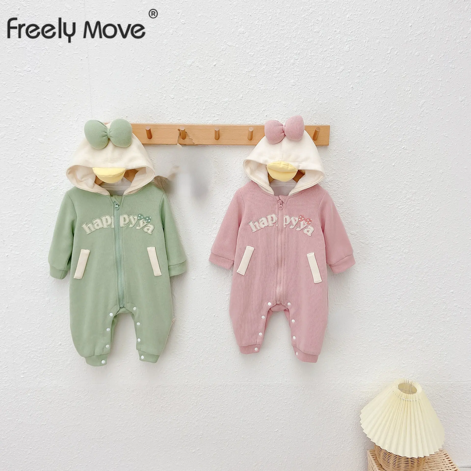 

Freely Move Baby Clothing Autumn And Winter Fleece Girl Baby Jumpsuit Newborn Bowknot Hooded Letter Keep Warm Coat Girl Clothes