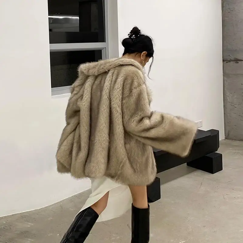 Imitation Fox Fur Coat Women Clothes Long Lapels Loose Plush Coat Solid Cardigan Thick Warm Fur Winter Office Lady Jackets Loose