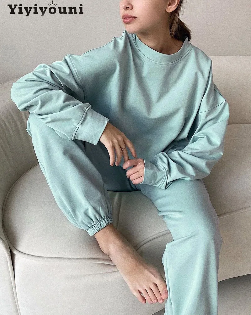 

Yiyiyouni 7 Colors Autumn Winter Elastic Waist Casual 2 Pieces Tops and Pants Sets Women Loose Tracksuit Female Solid Pullovers