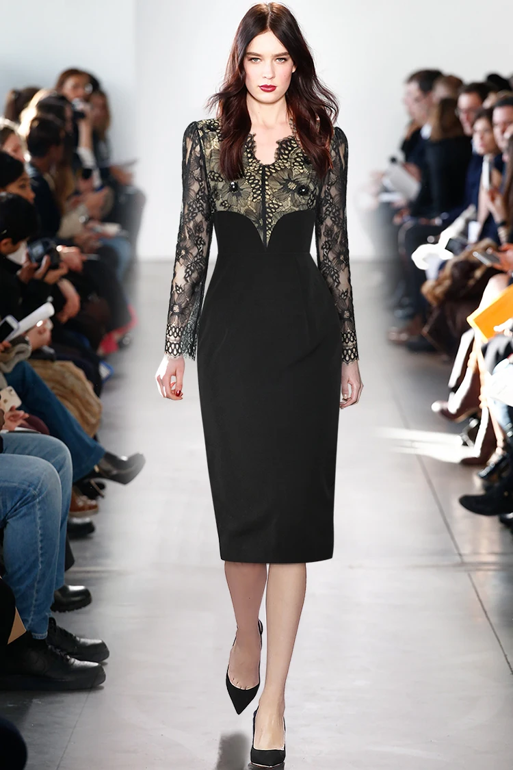 

Модное дизайнерское летнее платье Gedivoen, женское кружевное Сетчатое платье с V-образным вырезом и длинными рукавами, лоскутное облегающее черное платье миди с аппликацией