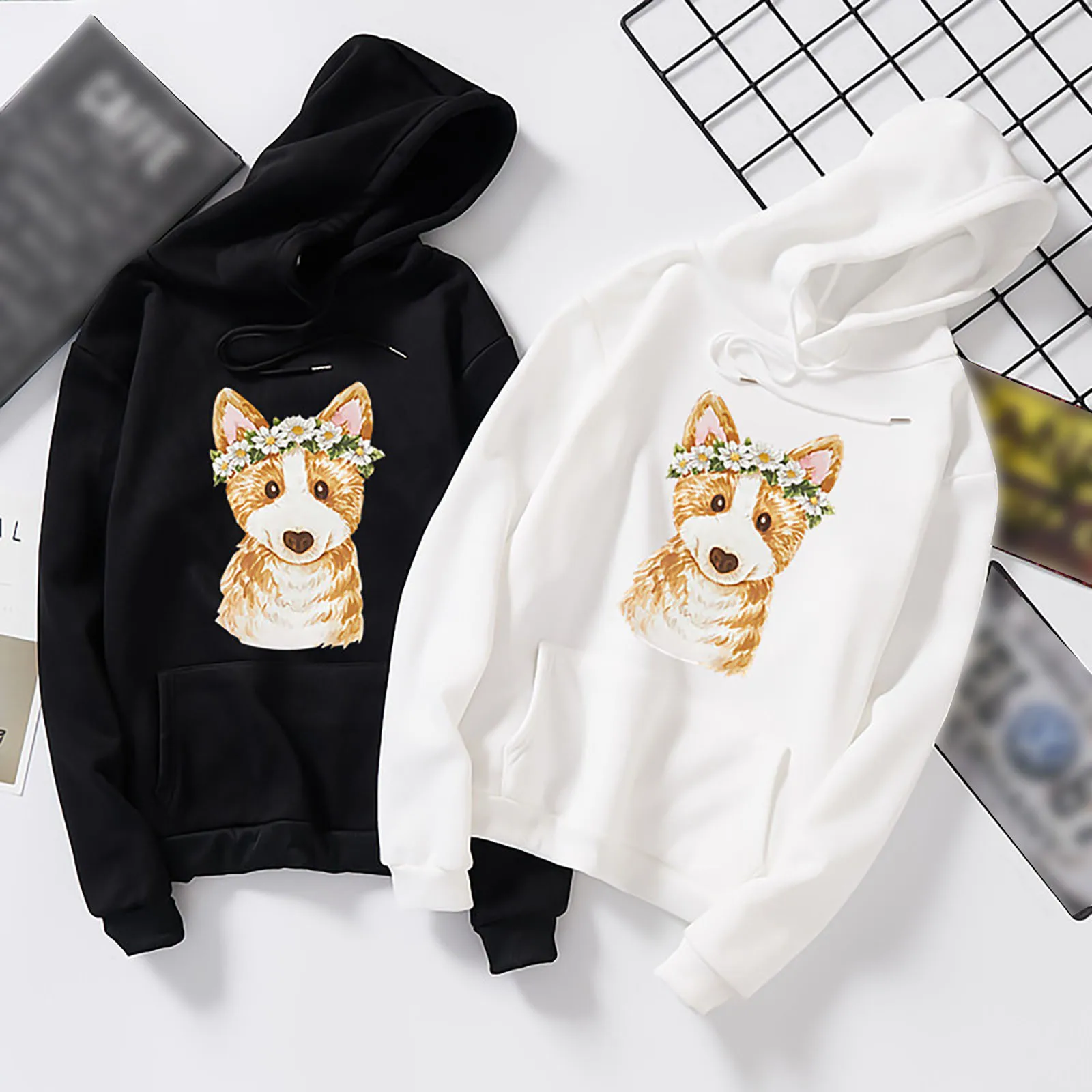 

Harajuku Korean Couple Hoodies Womens Mens Dog Print Plus Velvet Hooded Tpullover Top Unisex Thick Long Sleeve Sweatshirts