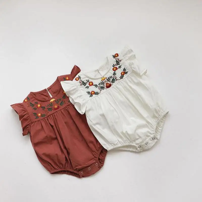 

Infant Girl Retro Flower Embroidery Flying Sleeves Jumpsuit Fashion Thin Breathable Cotton Toddler Girl Bodysuit One Piece