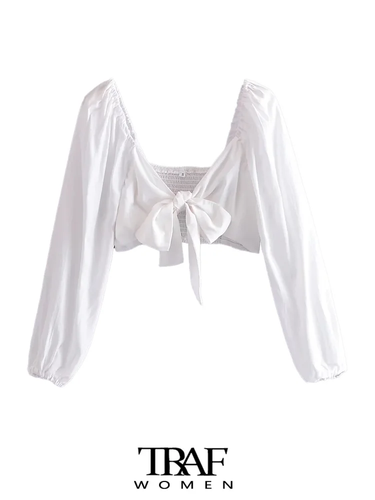 

Женская укороченная блузка с бантом, с длинным рукавом