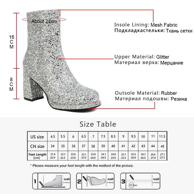 GOGD Brand Fashion Women's 2023 Ankle Boots Platform Chunky Heels  Zipper Glitter Shiny Bling Boots Short Sexy Party Shoes Pumps images - 6