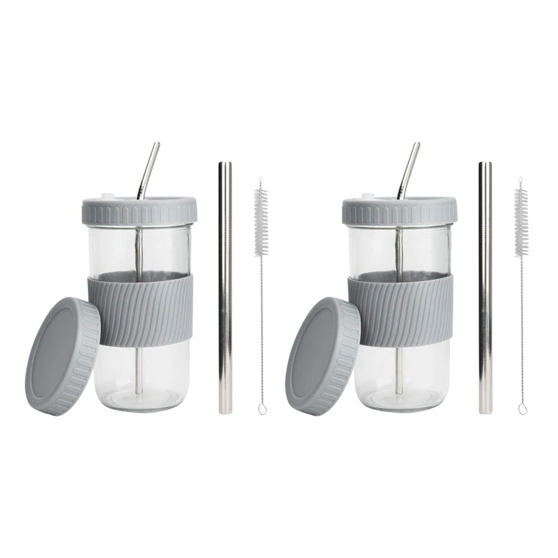 

2X 22Oz Reusable Boba Cup Mason Jar Cups With Lids And Straws Smoothie Cup Wide Mouth Bubble Tea Cup Travel Mug -Gray