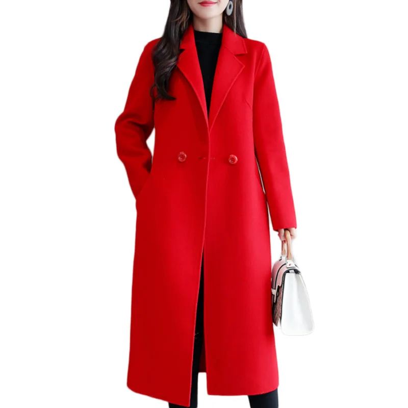 Autumn Winter Women's Wool Coat with Pockets Solid V-Neck Casual Loose Long Jackets Black Ladies Coats Ropa De Invierno Mujer