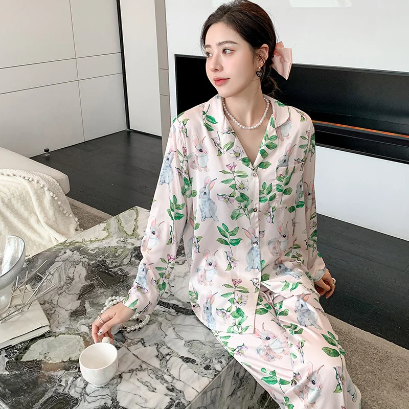 New Spring Summer Ladies Faux Silk Pajama Sets Sexy Homewear Clothes Women's Casual Luxury Pajamas Thin Female Sleepwear Set