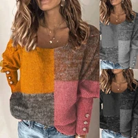 womens 2022 autumn round neck stitching printed long sleeved knitted sweater tops