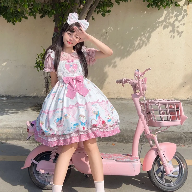 

[Bunny Bear Afternoon Tea] Lolita Suspenders Jsk Strap Cute Dress Women Sweet Bow Princess Girls Kawaii Elegant Party Dresses