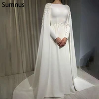sumnus arabic a line muslim wedding dress with cape long sleeves high neck lace appliques sweep train vestido de novia 2022 new