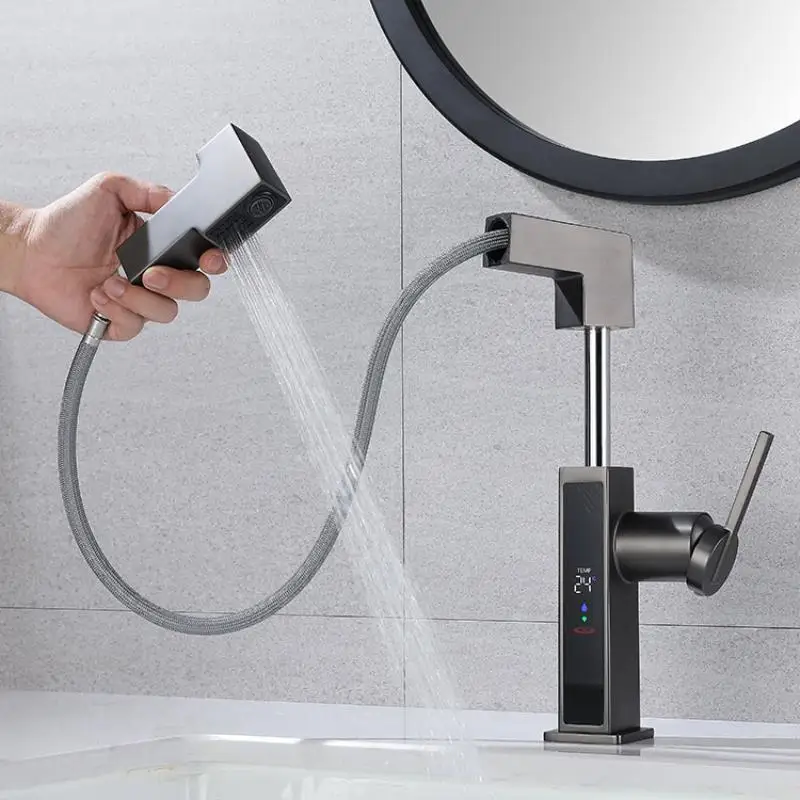 

Dark gray household faucet, all copper, pull up and down, digital display, bathroom, sink hot and cold faucet