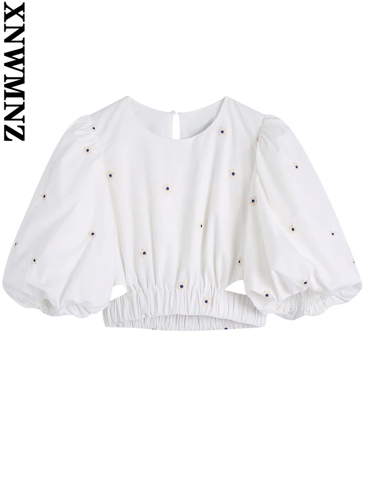 

XNWMNZ blusas mujer de moda 2022 Цветочная вышивка укороченный поплин блузки винтажный буф рукава Эластичный подол Женские рубашки шикарные топы