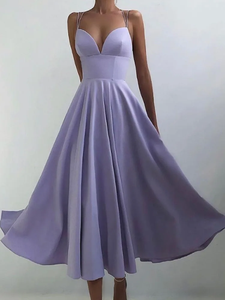 

Sexy V Neck High Waist Long SlingDress Fashion Summer Pleated Hem A-line Dresses 2022 Women Elegant Solid Party Wedding Dress
