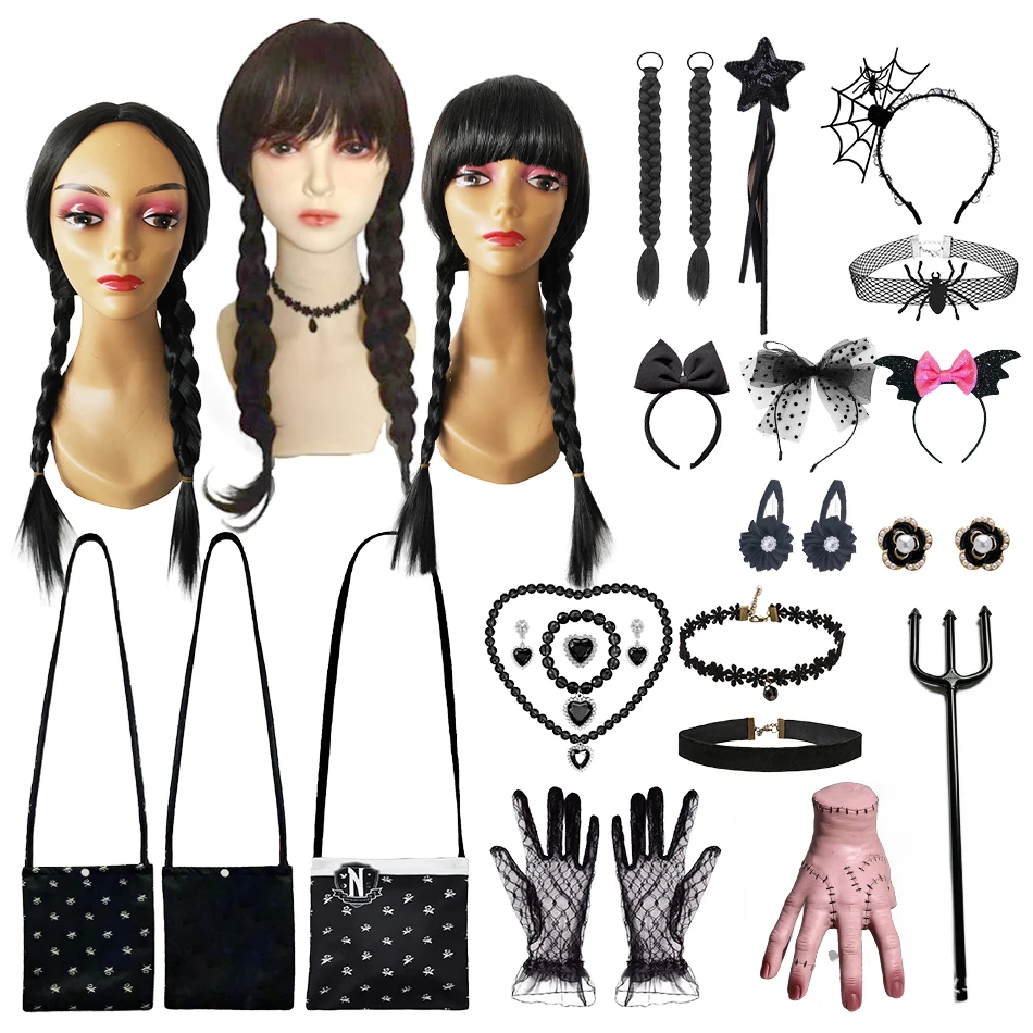 Kids Girls Scary Halloween Accessories Prop Wednesday Addams Wig Hand Mask Necklaces Headbands Gloves Cosplay Party Dress Up
