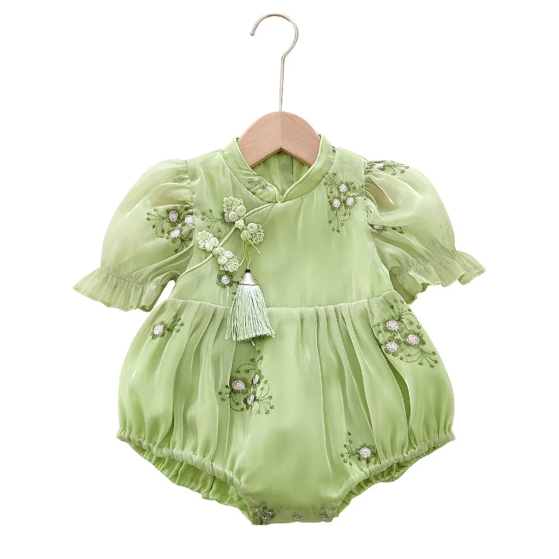2023 Summer Baby Clothes Newborn Onesuit Chinese Style Triangle Rompers Green Color Chinese Traditional Style Infants Jumpsuit