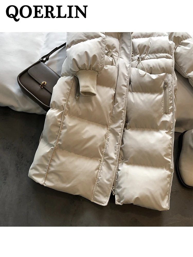 QOERLIN Thicken Hooded Puffer Jacket Coat Winter Women Double Zipper Long Overcoat 2023 New Dress Coat with Pocket