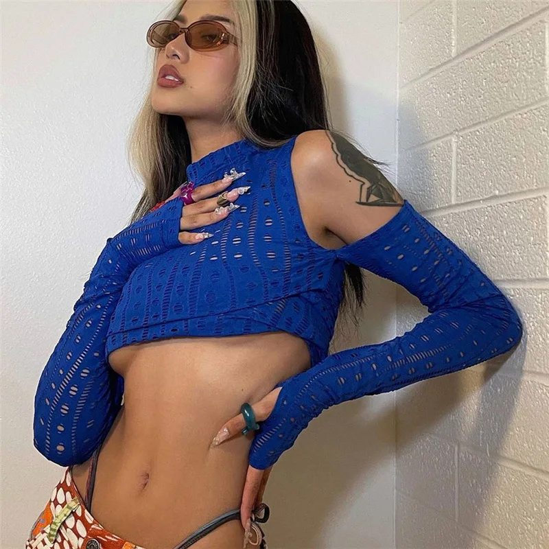 

Spring Knit Short T-Shirt Long-Sleeved Crop Top Off-Shoulder Hollow Sexy Design Tees For Women's Street Party Clubwear