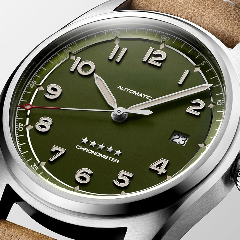 

High-Top Mens Sport Watch Green Dial Pioneer Style Mechanical Automatic Watches Steel Stainless Brown Leather