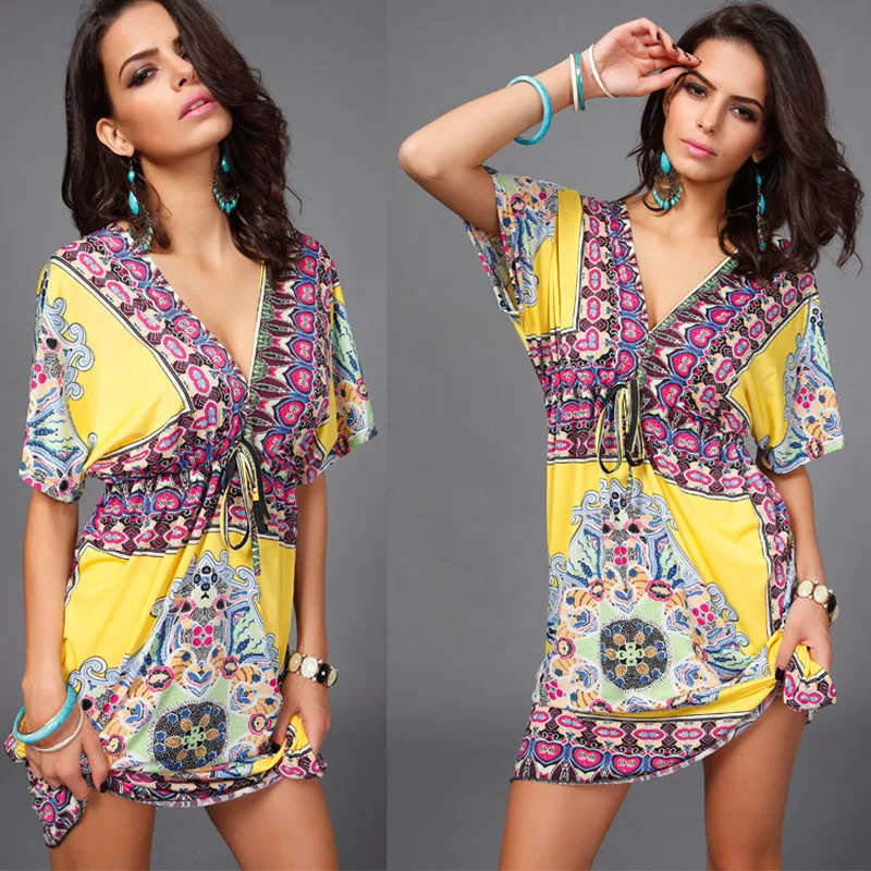 Boho Style Loose Summer Womens Sleepwear Silk Sexy Nightdress Deep V Ethnic Floral Print Tunic Nightgown Satin Short Nightwear
