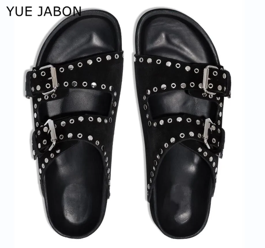 

Black Summer Thick-Soled Buckle Rivet Slippers Cowhide Open-Toe Slippers Beach Vacation Flat Sandals Roman Female Casual Shoes