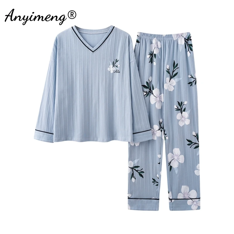 

Элегантный пижамный комплект с цветочным принтом для женщин, новинка осень-зима, Мягкая Трикотажная хлопковая Женская одежда для сна с длин...