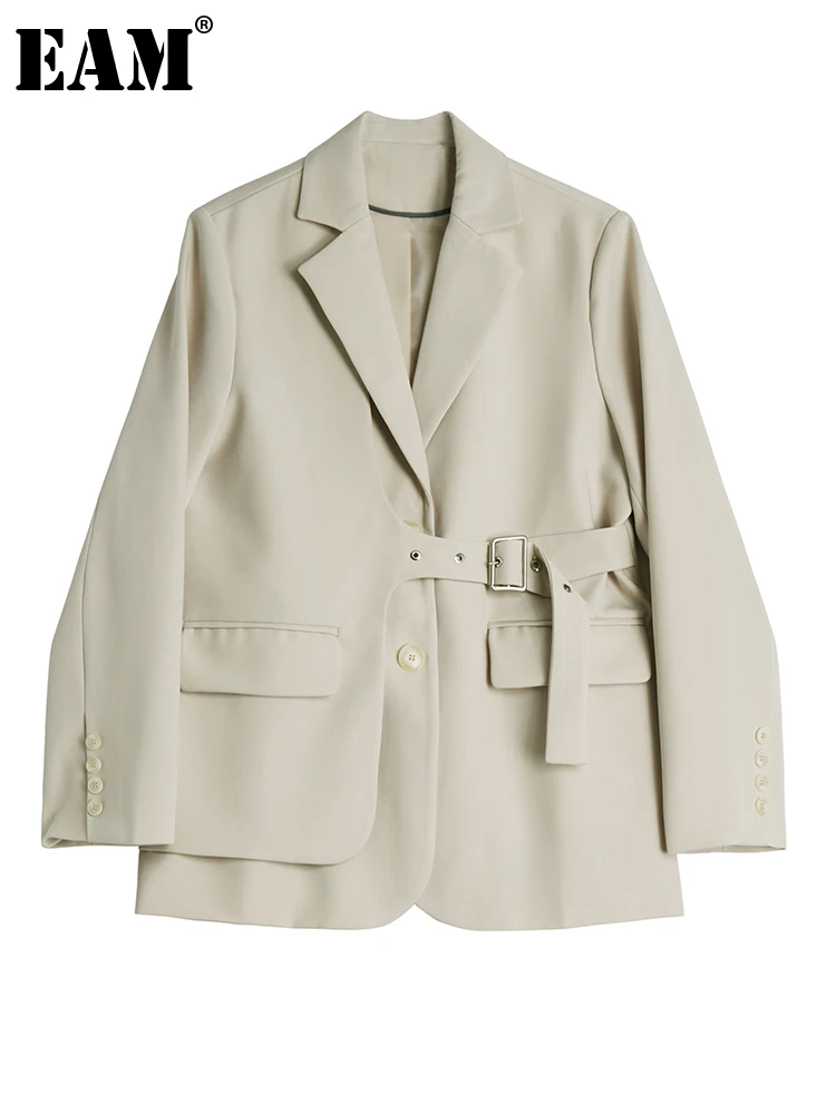 

[EAM] Women Beige Big Size Irreugular Casual Blazer New Lapel Long Sleeve Loose Fit Jacket Fashion Spring Autumn 2022 1DF0267