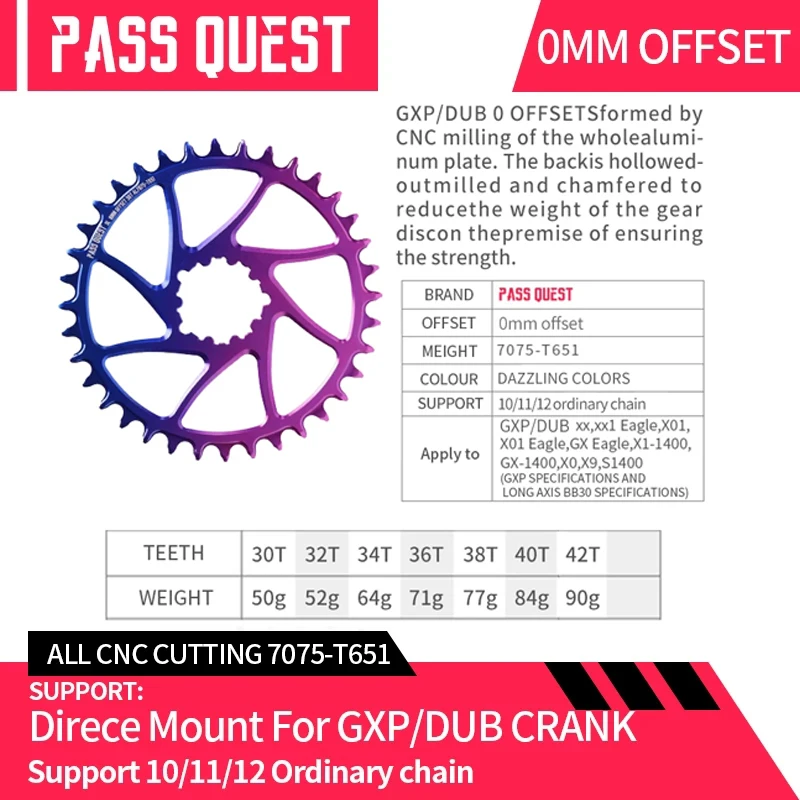 

PASS QUEST GXP 0mm Offset Narrow Wide Chainwheel 30T 32T 34T 36T 38T 40T 42T Chainring Road Bike Mountain Bicycle Crankset