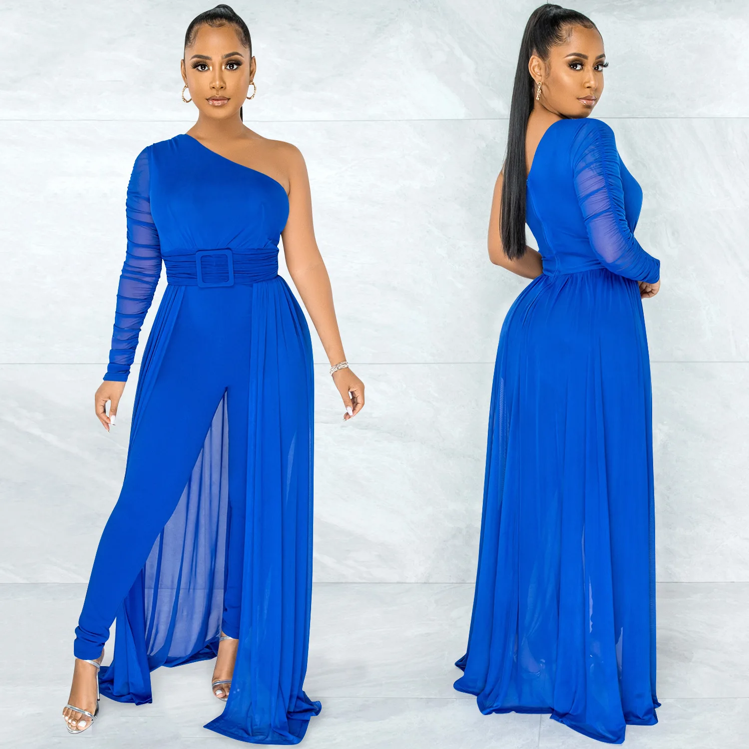 2023 Women Fashion Elegant Casual One Shoulder Plain Sheer Mesh Jumpsuit Long Sleeve Chic Mesh Solid Elegance Patchwork