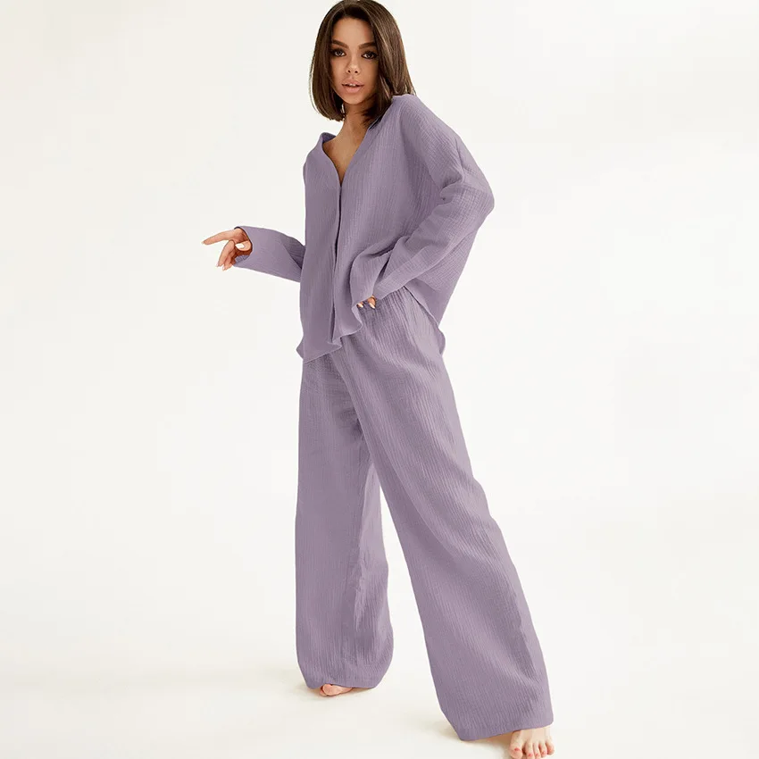 Spring and summer new style women's pajamas suit pure cotton crepe casual V-neck long sleeved trousers two-piece home clothes
