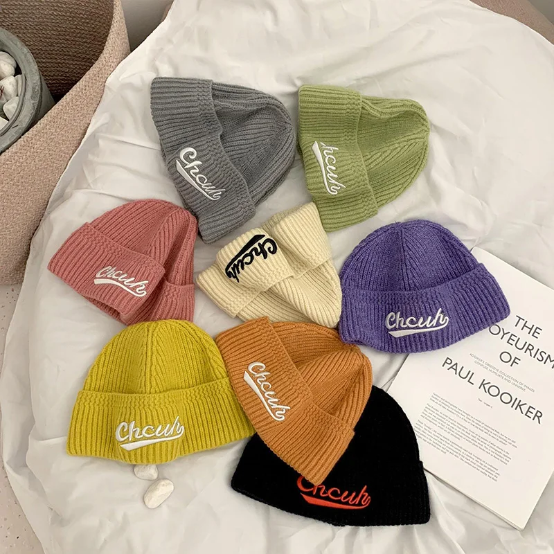 

Зимняя детская шапка, модные детские шапки с вышитыми буквами, однотонные теплые вязаные детские шапки, шапки-бини для девочек и мальчиков, ...