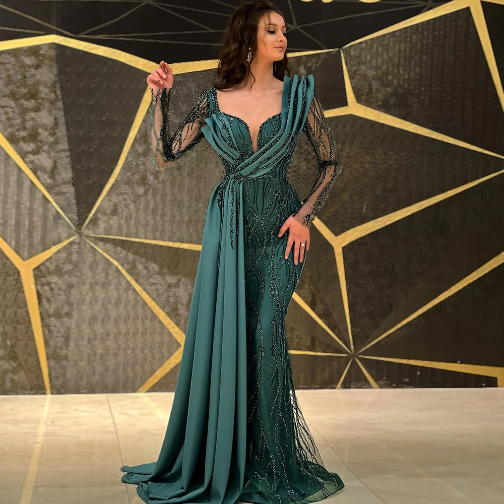 Luxury Dubai Emerald Green Evening Dress Beading Mermaid Prom Gowns Lace Pleats Party Dresses Custom Made