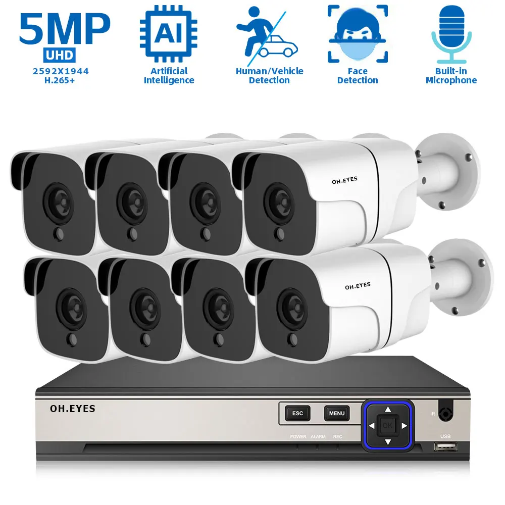 

CCTV IP Monitoring Camera System Kit 4K 8CH POE NVR Outdoor Waterproof Video Security Surveillance System 5MP 8 POE Cameras Set