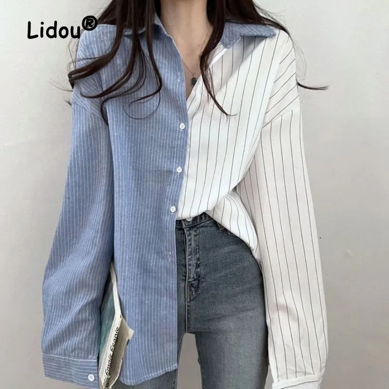 

Streetwear Casual Contrast Color Single-breasted Blouse Women New Classic Polo Collar Patchwork Striped Long Sleeve Lady Shirt