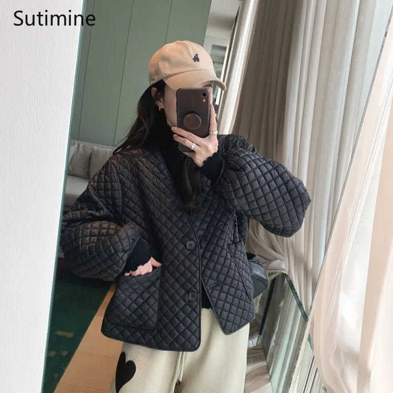 Autumn and Winter Clothes Women Cream Puff Rhombic Shape Coat Women Office Lady Button Pockets Loose Winter Coat Women