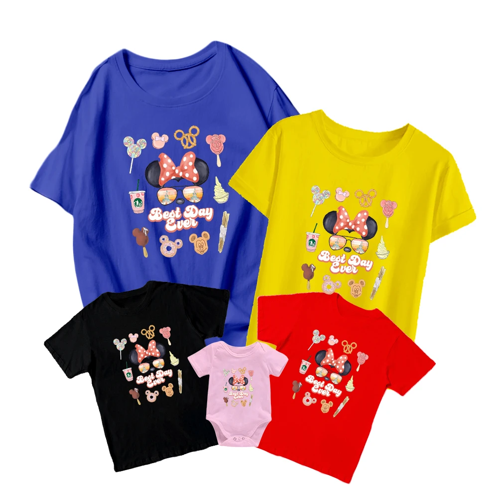 

Sweet Minnie Mouse Family Matching T-Shirt Wearing Sunglasses Series Disney Kids Short Sleeve New Unisex Adult Baby Romper