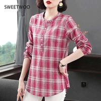 women spring autumn style cotton blouses shirt women o neck long sleeve button plaid korean elegant tops
