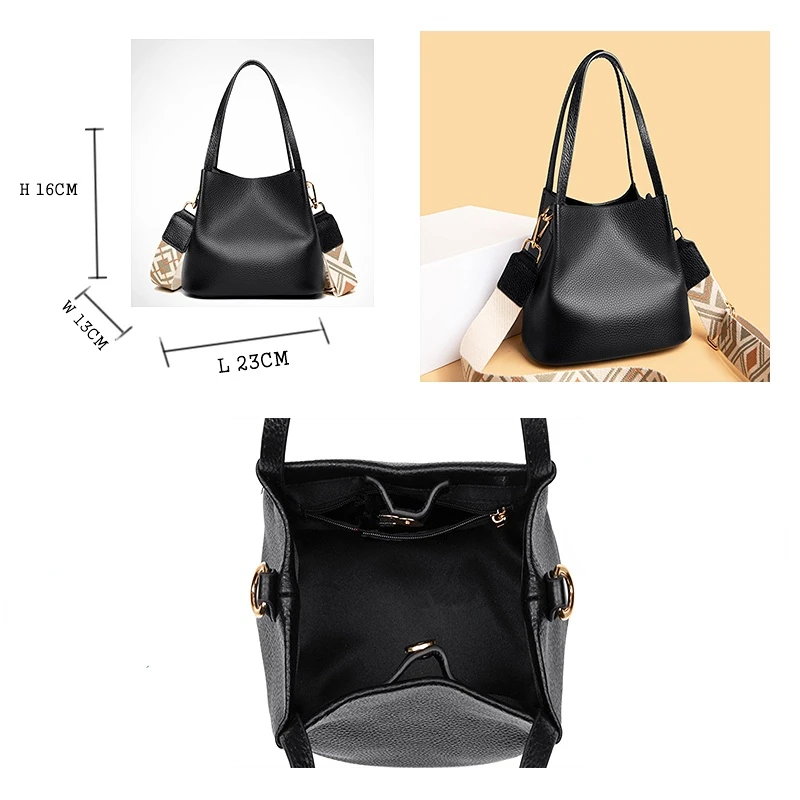 Luxury Genuine Leather Women Messenger Bag Pure Color Cowhide Female Shoulder Crossbody Bags Designer Wide Straps Ladies Handbag