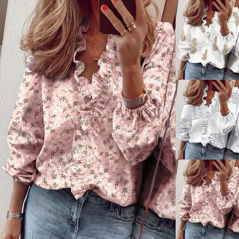 

Women Fashion Printed Floral Shirt Letter Printed Printed Long-sleeved Spring Autumn Hot Elegant Women Sexy Tops