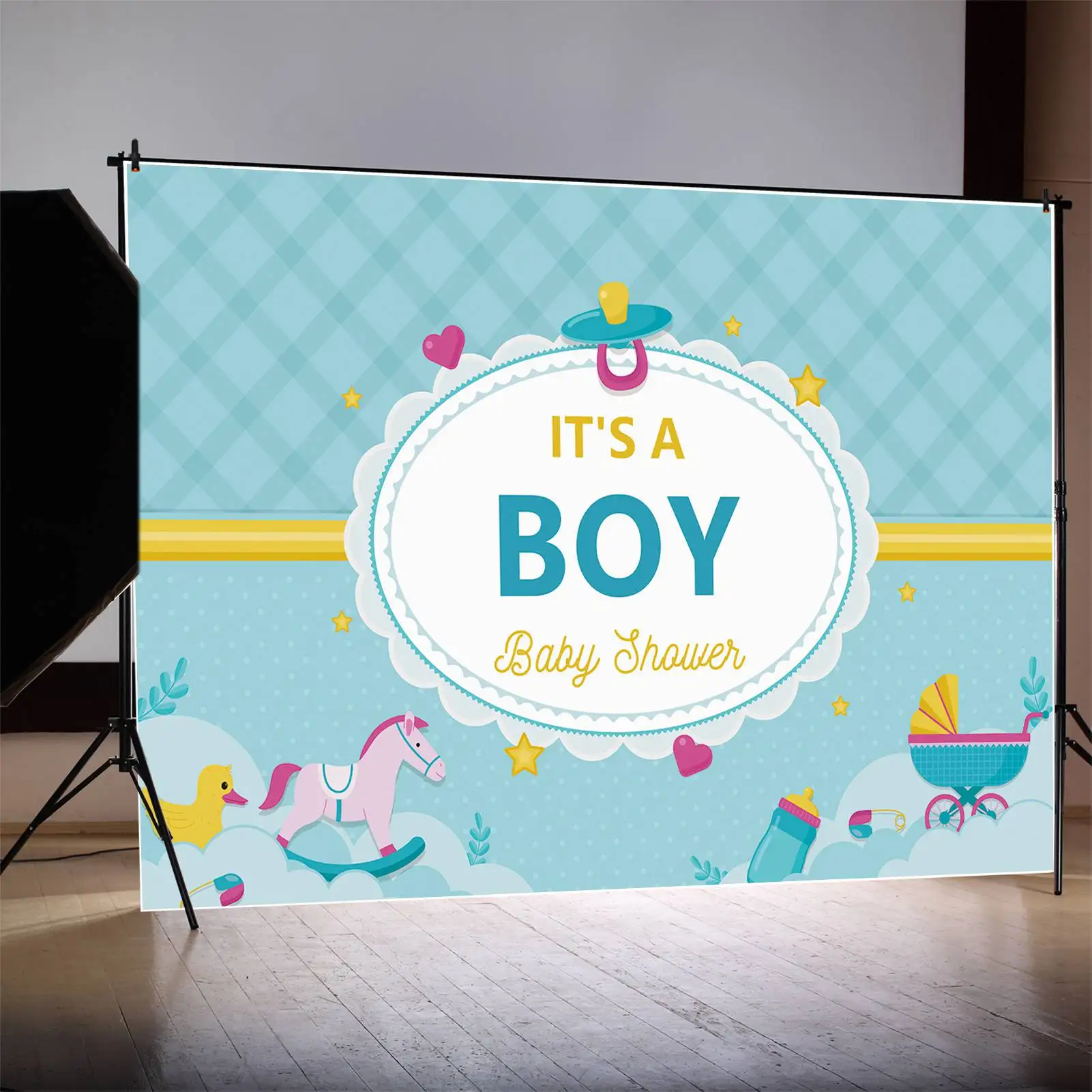 

MOON.QG Background Blue Baby Shower Banner Backdrop for Boy Hobby Horse Star Heat Carriage Nursing Bottle Party Prop Photo Booth
