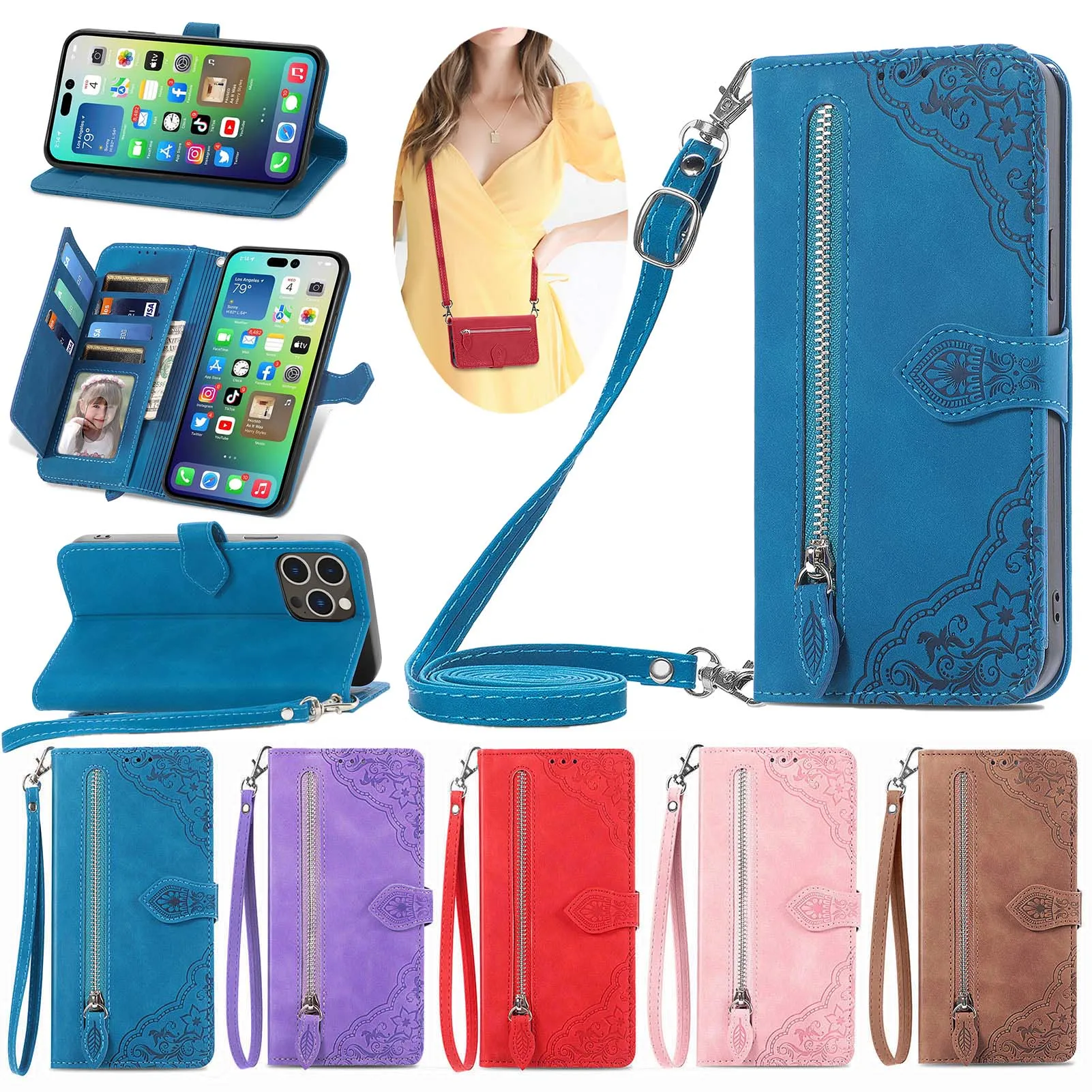 

Zipper Wallet Flip Case For OPPO A52 A72 A92 A53 A53S A73 A93 A54 A74 A94 A36 A56 A76 A96 A55S A57 A77 Phone Cover Wrist Strap