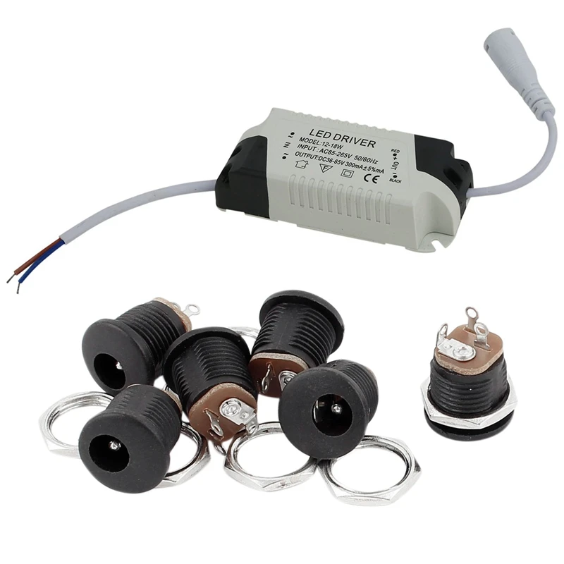 

6Pcs DC-005 Panel Mount DC Power Female Socket Connector 5.5Mmx2.1Mm & 1 Pcs 12-18W 86-265V LED Power Driver