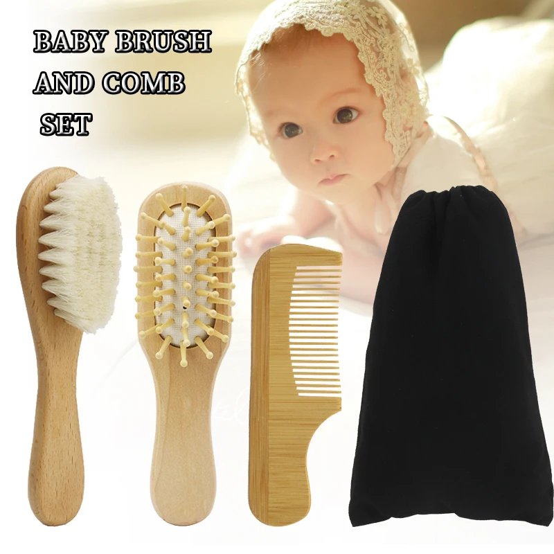 Custom Logo nature wooden baby hair brush and comb set for newborns