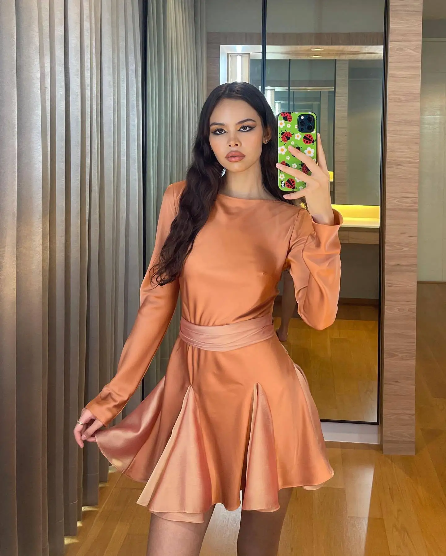 

Women Autumn Long Sleeve Mini Dress Solid Color Round Neck Lace up Bowknot Pleated Hem Party Clubwear