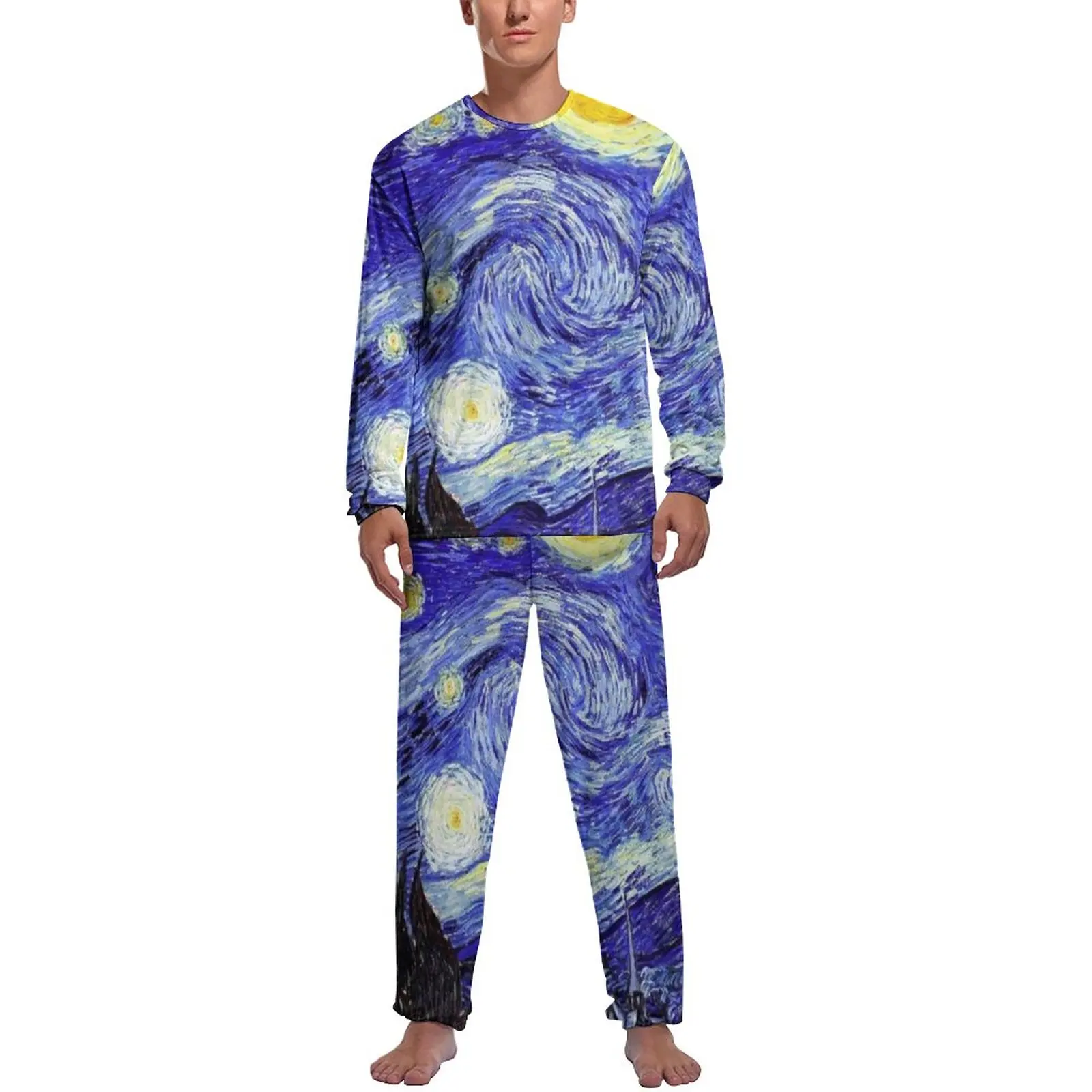 Van Gogh Mountains Pajamas Autumn 2 Pieces Starry Night Elegant Pajama Sets Men Long Sleeve Aesthetic Pattern Sleepwear