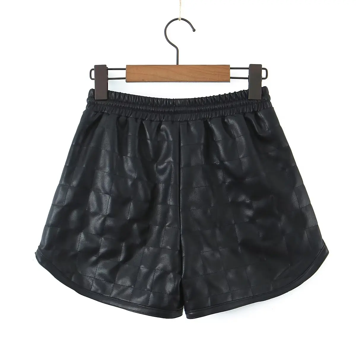 Elmsk Drawstring Bermuda Vintage Plaid Pu Leather Harem Shorts Women
