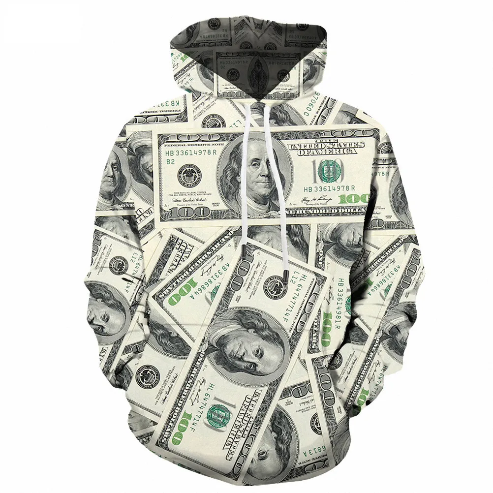 

New Autumn/Winter Hoodie US Dollar Printing Men's and Women's Hooded Sweatshirt Tops Personality Mens Sportswear Plus Size 6XL
