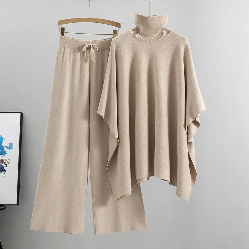 

Женский трикотажный брючный костюм, повседневный однотонный комплект из двух предметов, свитер с высоким воротником и широкие штаны, зима 2022 Модный осенний Женский комплект из 2 предметов