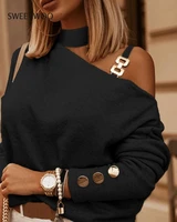 slanted shoulder chain decorative pullover t shirt women autumn 2021 new fashion casual long sleeved black apricot blouse tide