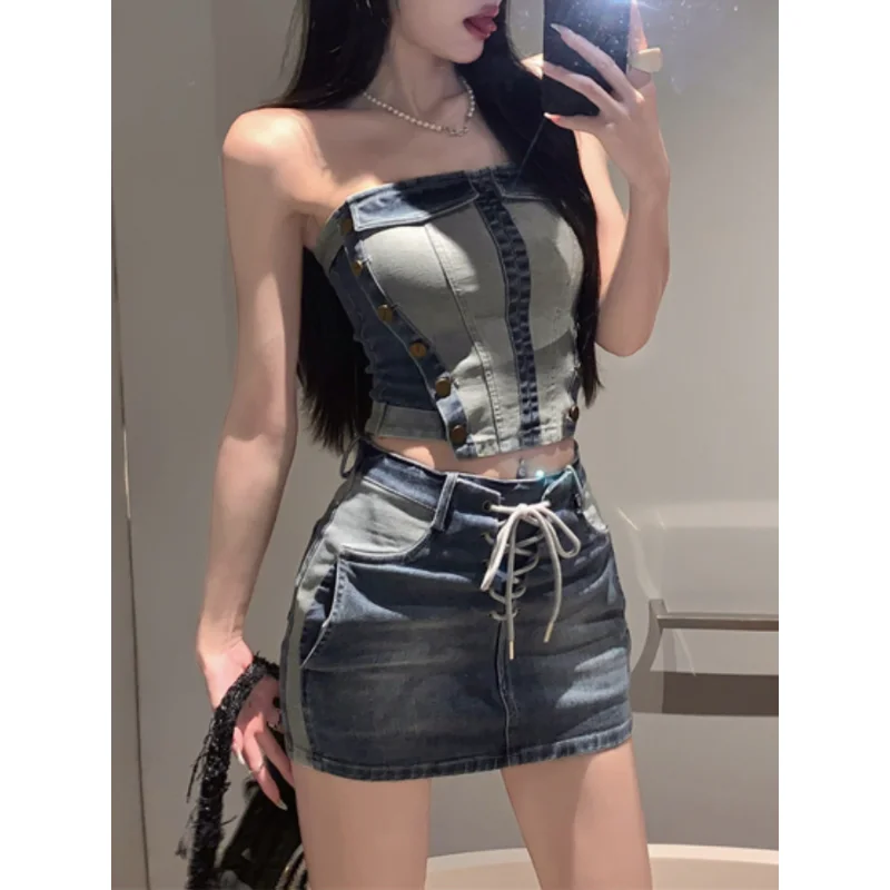 

2023 Spring for Women Korean Style Irregular + Tank + Lace Up Skirt Denim Suit 2 Pieces Sets Tight-fitting Retro Y2k Suit
