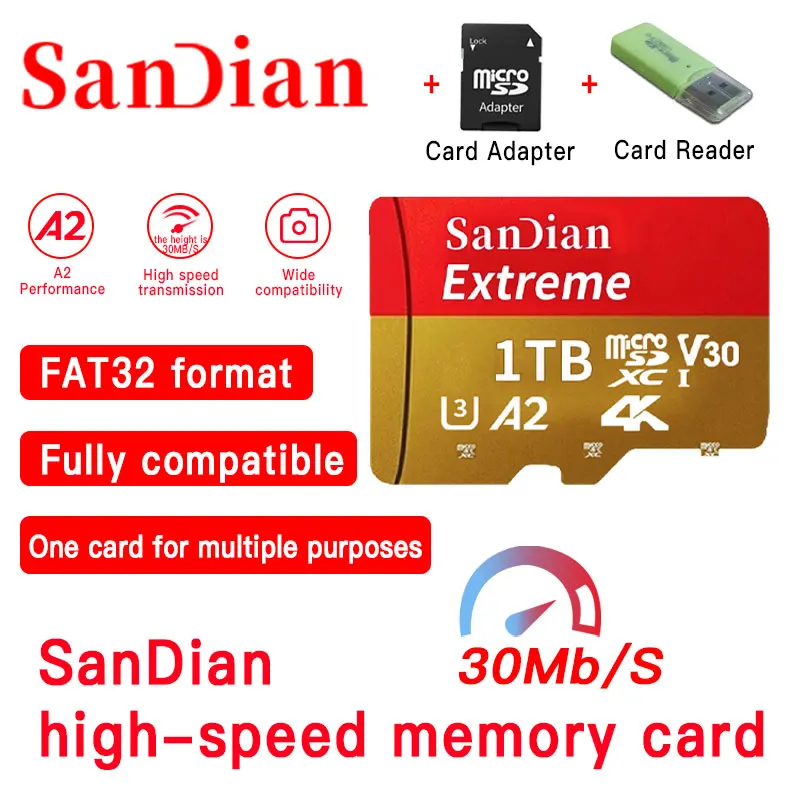 

Original 128GB Flash Card Memory SD Card 256GB 512GB 1TB SD Card SD/TF Card 4K TF Memory Card + Card Reader for phone/computer